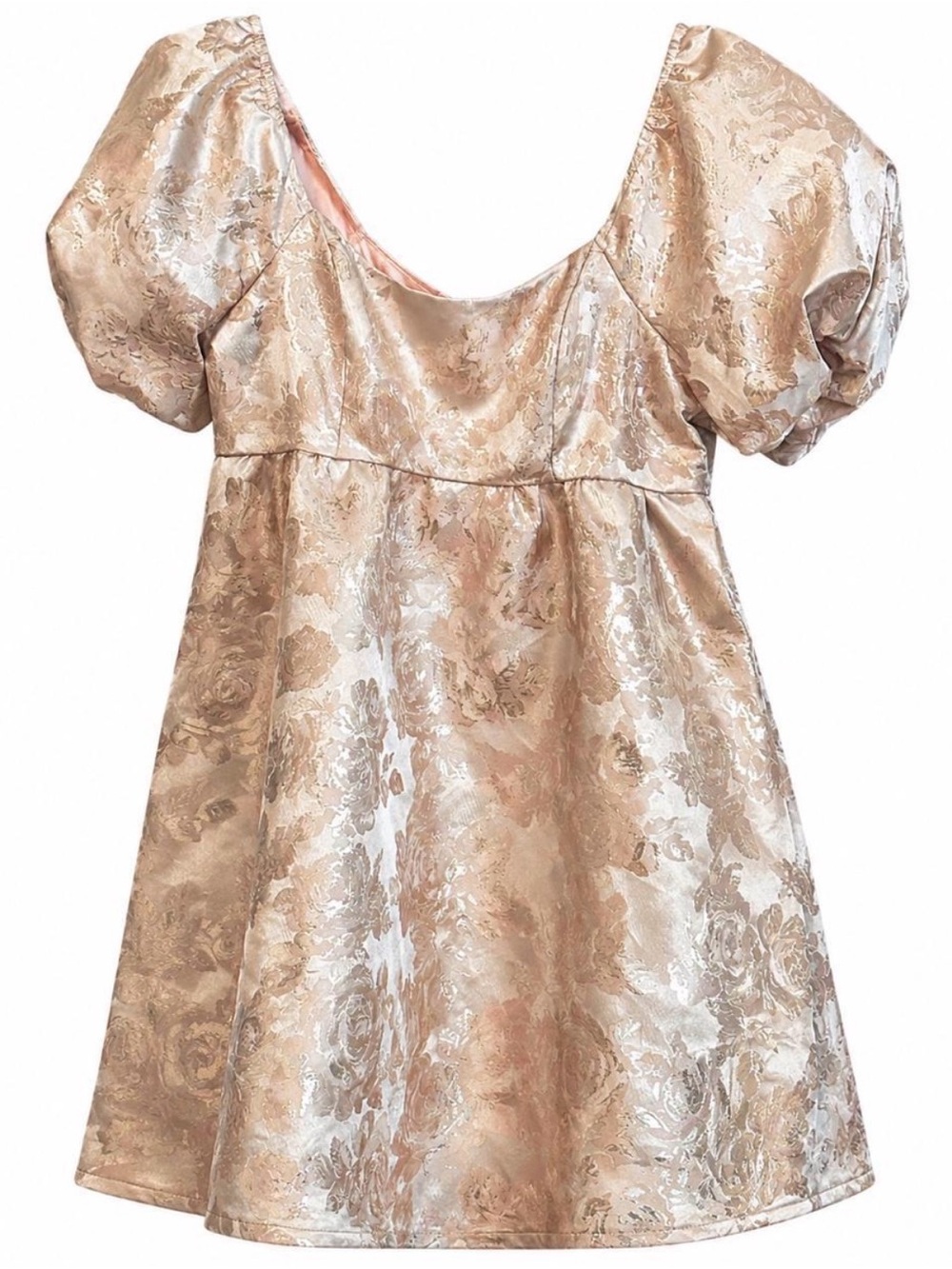 Altar'd State Champagne Brocade Puff-Sleeve Mini Dress